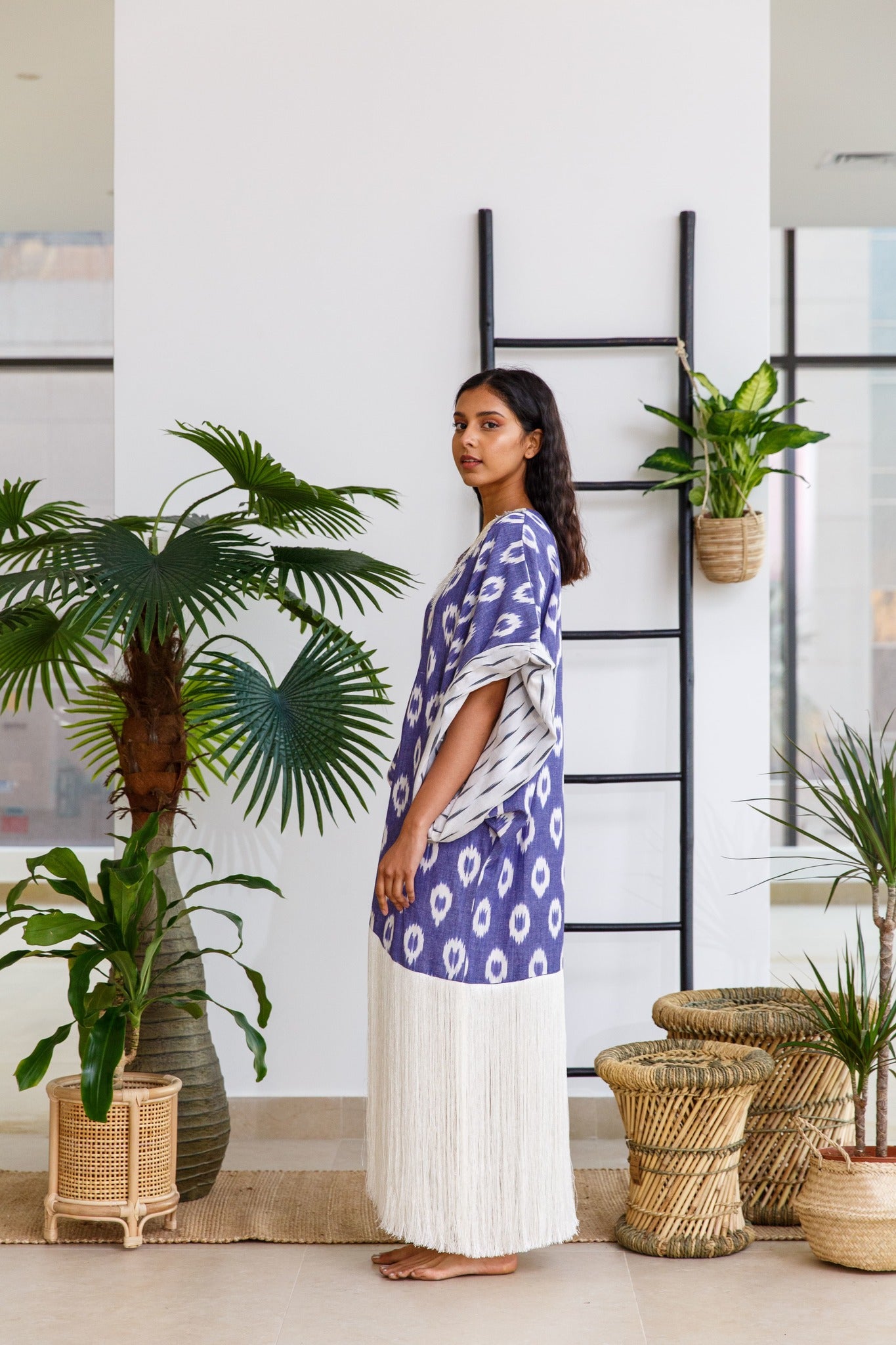 PURPLE IKAT FRINGES KAFTAN
