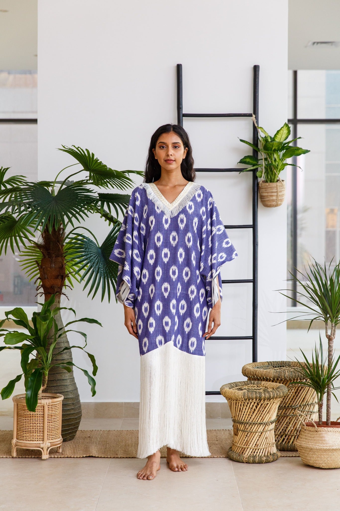 PURPLE IKAT FRINGES KAFTAN